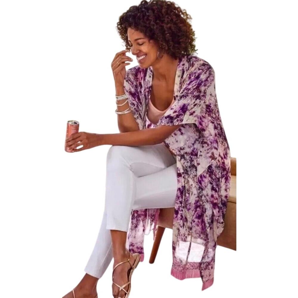 Soft Surroundings Purple Tie Dye Fringe Kimono Wrap Cardigan Robe Boho Retro